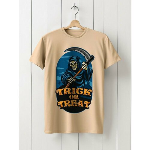 фото Футболка hypnotica футболка унисекс бежевая из хлопка с dtf принтом хеллоуин смерть с косой (рэтро плакат, винтаж, осень, подарок, helloween) - 9437, размер 2xl, бежевый