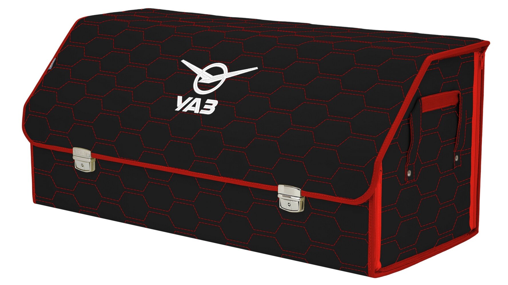 Органайзер-саквояж в багажник "Союз Премиум" (размер XXL). Цвет: черный с красной прострочкой Соты и вышивкой УАЗ (UAZ).