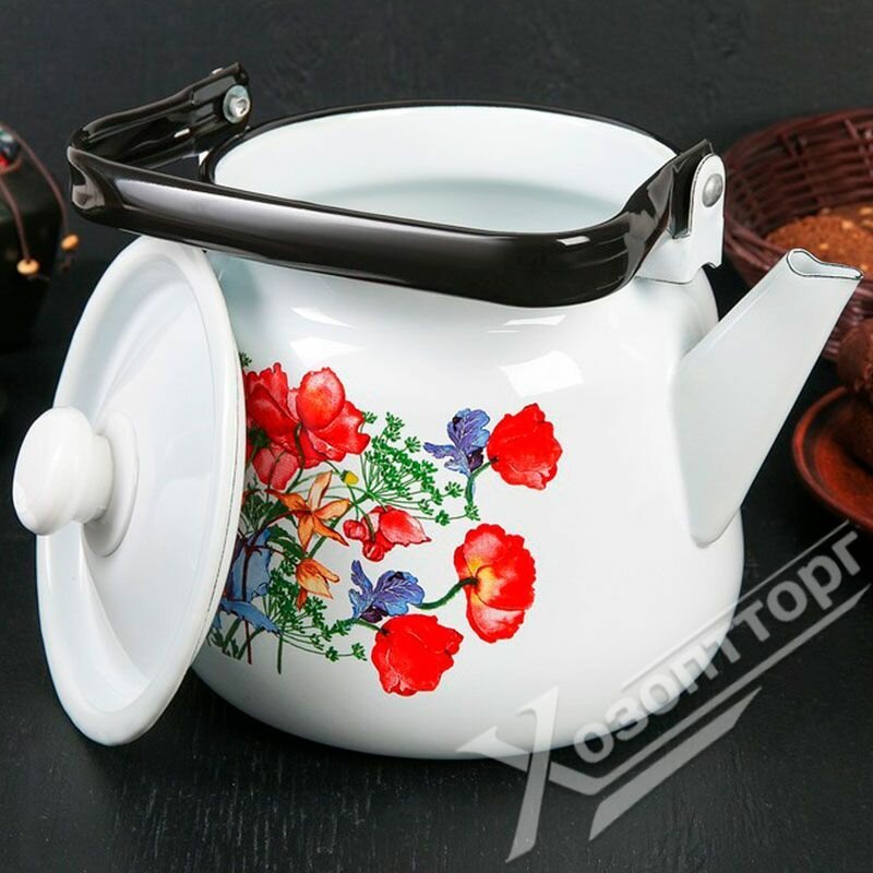 Чайник для плиты 3,5л эмаль декор Цветы красные, белый с кнопкой