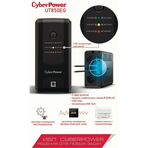 Источник бесперебойного питания (UPS) UT850EG 480W c LED-индикацией (3 EURO выхода) CyberPower