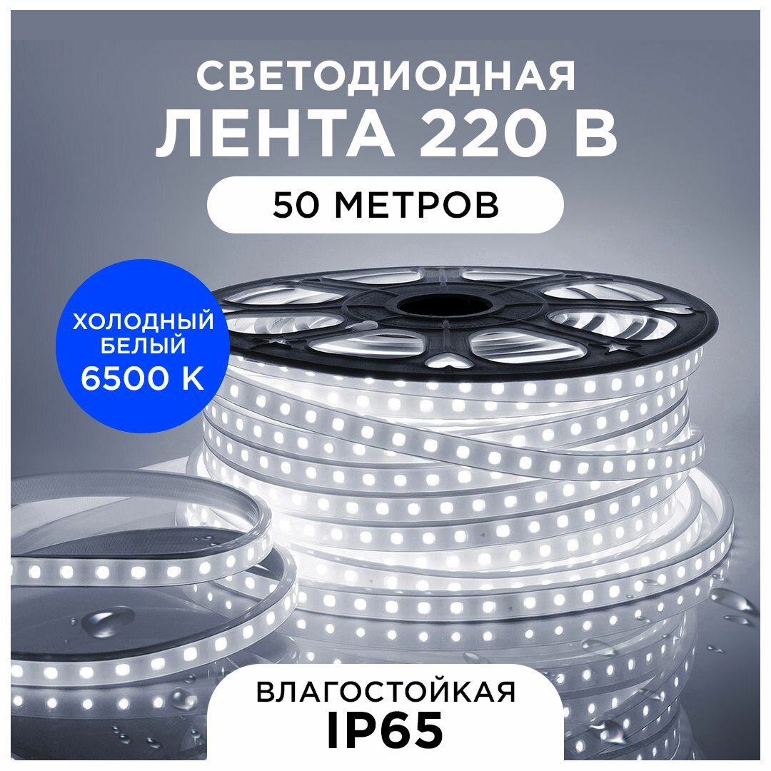 Яркая светодиодная лента 10-62 с работой от сети 220В, 6Вт/м, smd2835, 60д/м, IP65, 50м, 600Лм/м, без аксессуаров, 6000К, холодный белый