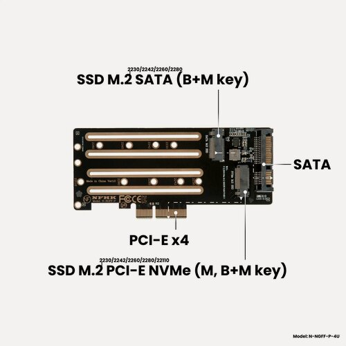 Изображение товара Адаптер-переходник (плата расширения) 2 в 1, SSD M.2 SATA - SATA / M.2 PCI-E NVMe - PCI-E x4, черный, NFHK N-NGFF-P-4U