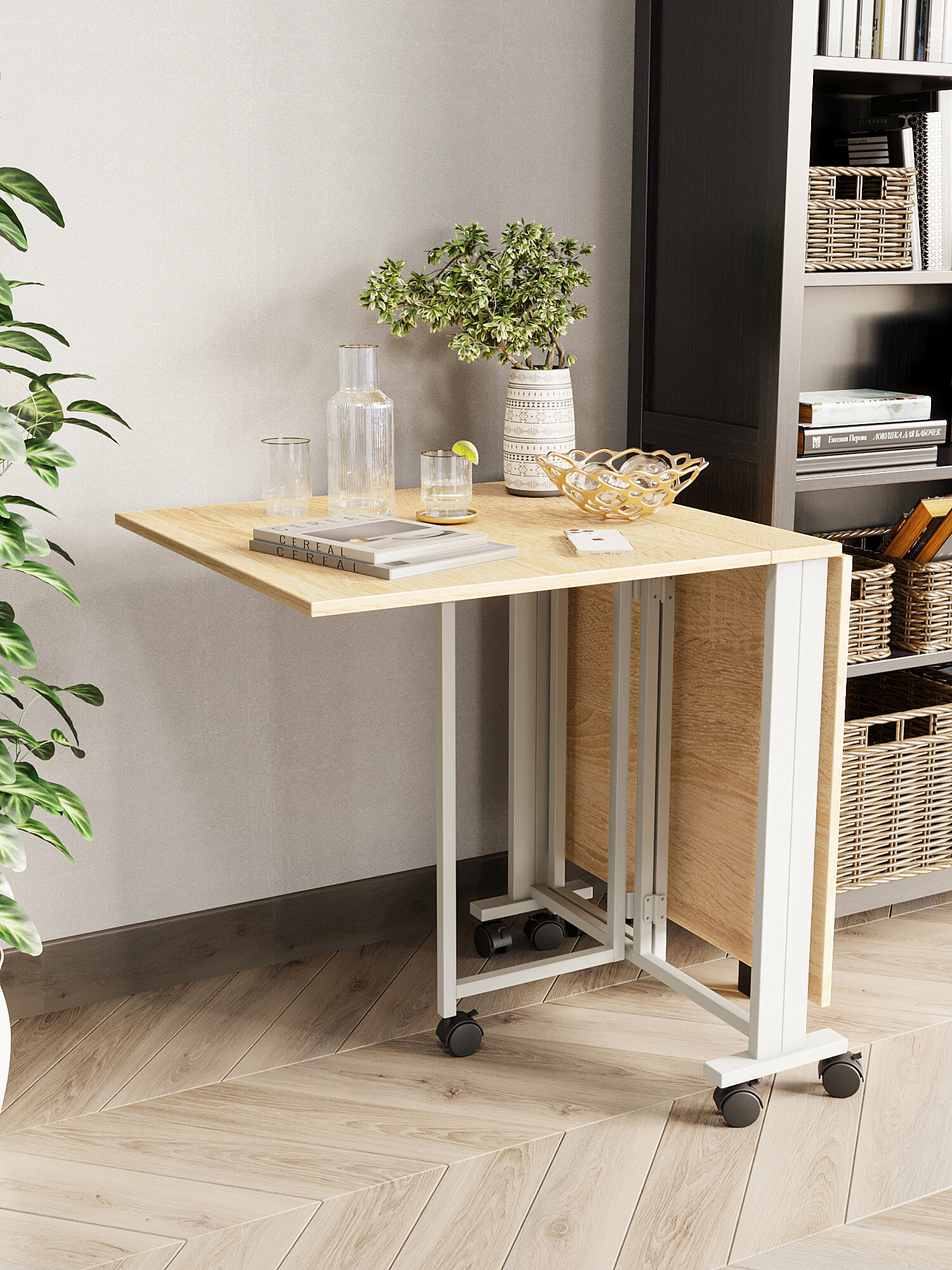 Стол-книжка для кухни и гостиной раскладной узкий компактный KM LOFT белый/сонома