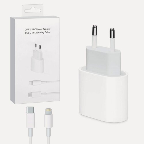Изображение товара Сетевое зарядное устройство для iPhone / Быстрая зарядка для Айфона 20W, кабель Type-C to Lightning, белый
