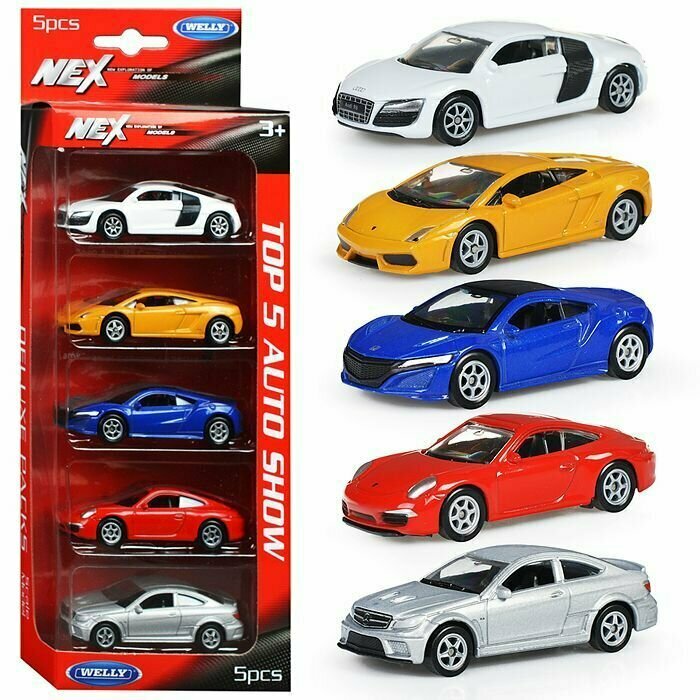 Набор 52020-5SG(X) машин WELLY 1:60, Lambo Gallardo, Porsche 911, Audi R8, Merc C63, Honda NSX, 5 шт.