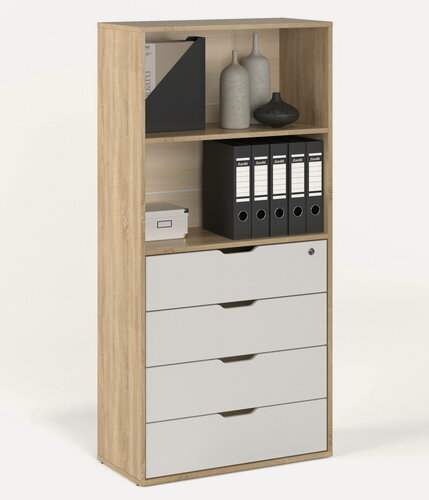 Изображение товара Стеллаж БАНГА-34 Дуб Сонома - Белый, с ящиками и открытой полкой, (ВхШхГ) 142,6х69,8х32,6 см, ЛДСП