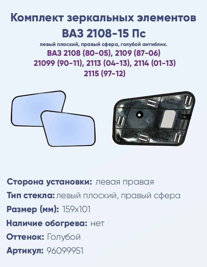Комплект зеркальных элементов ВАЗ 2108-15 Пс с левым плоским правым сферическим противоослепляющими зеркальными отражателями голубого тона.