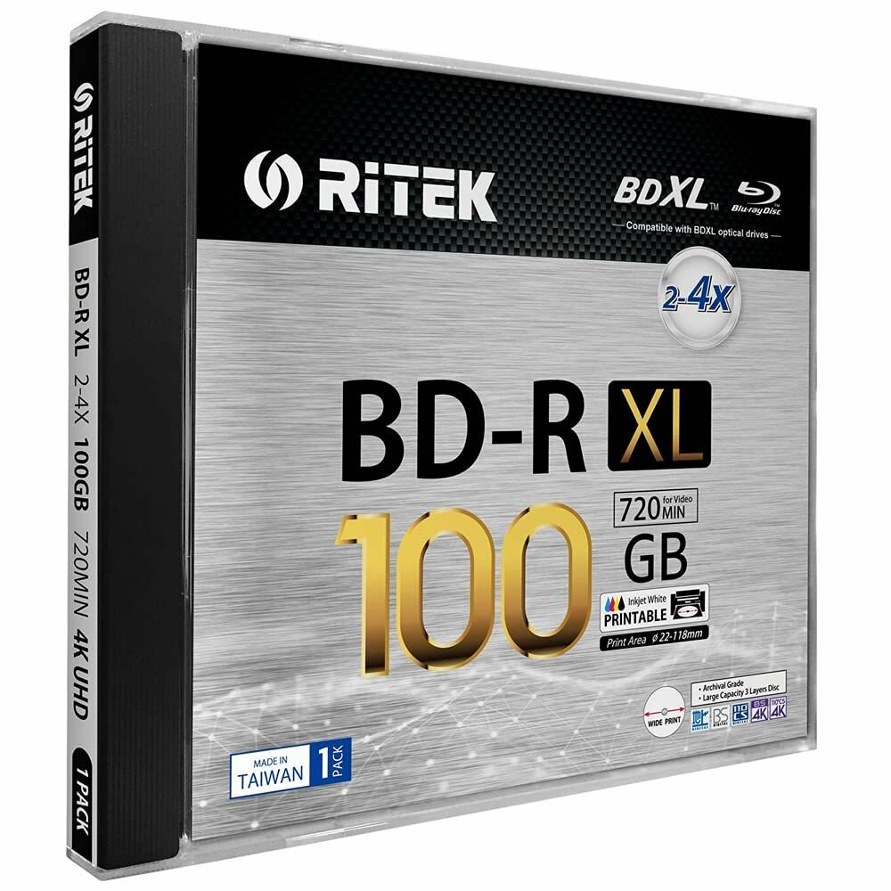 Диск Blu-Ray BDXL Ritek, емкость 100ГБ, 4х, скорость записи, в упаковке Jewel Box, 1шт