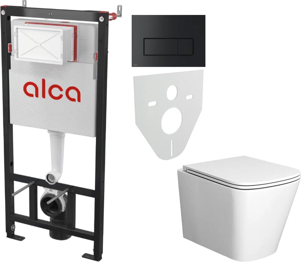 Комплект 2 в 1 Унитаз подвесной Bauedge Stil BS0002 с микролифтом безободковый глянцевый белый / Инсталляция с кнопкой AlcaPlast AM101/1120-4:1 RU M578-0001