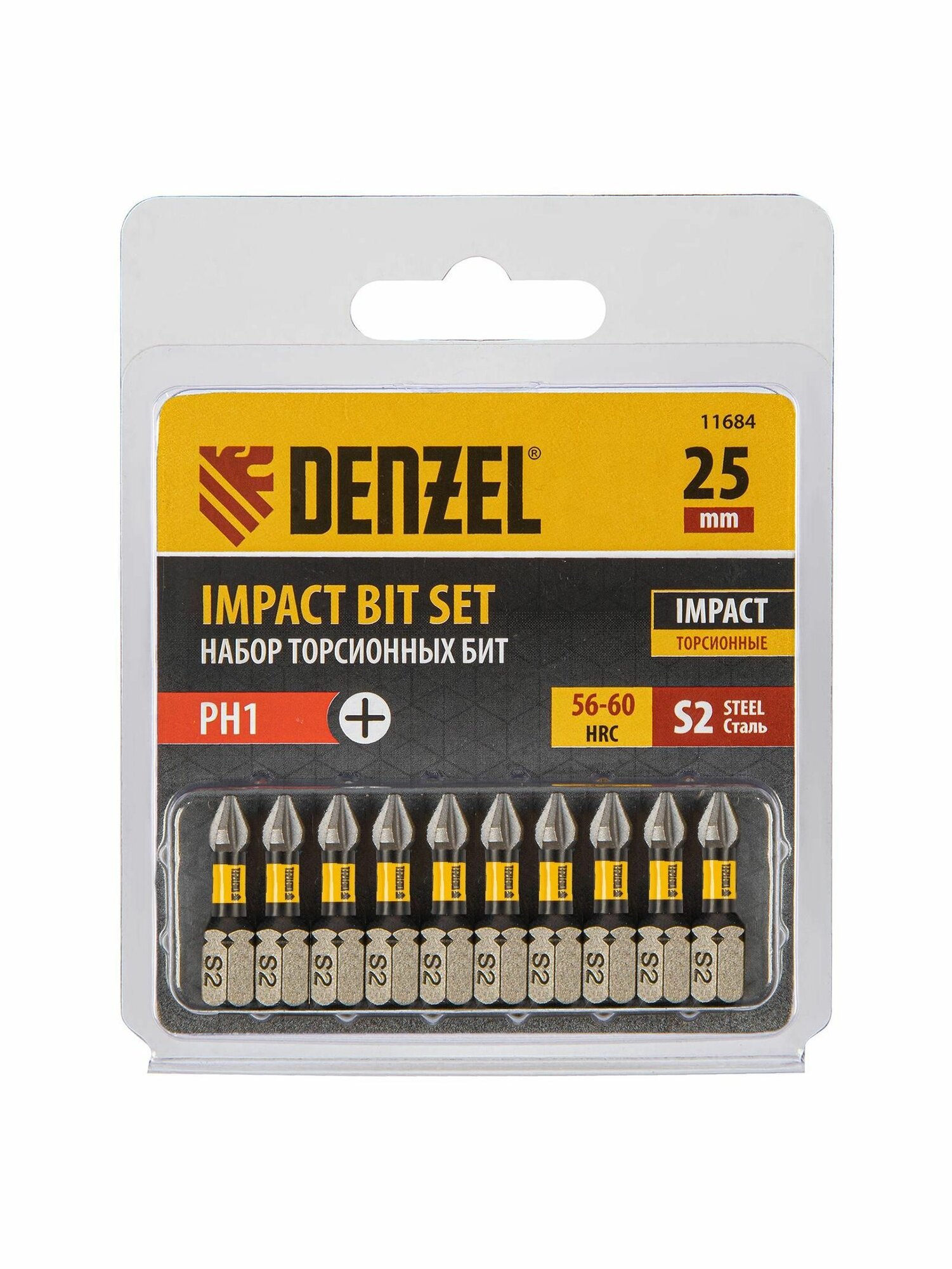 Бита IMPACT PH1x25 мм лазерная обработка шлица сталь S2 10 шт Е 63 Denzel 11684