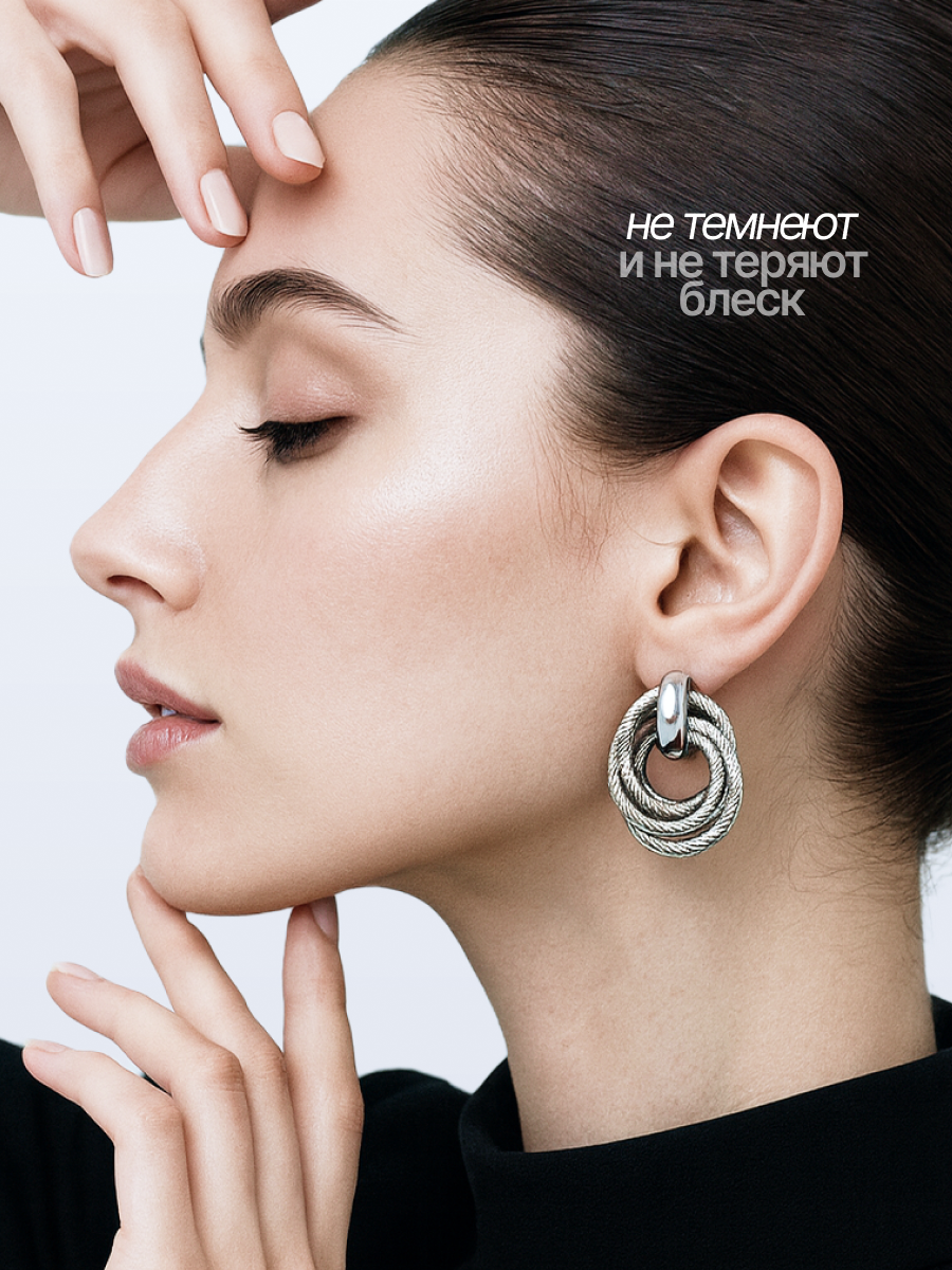 Серьги пусеты, размер 32 мм, серебристый — фото 1