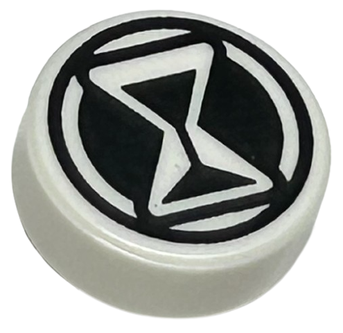 Tile, Round 1 x 1 with Black Hourglass and Circle Pattern, 98138pb387 White N