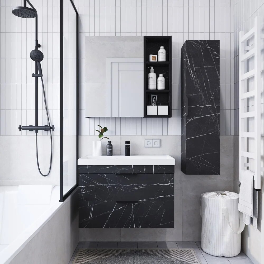 Тумба под раковину тумба для ванной подвесная Итана Alta 80 790х443х520 под умывальник Clarissa 80 Камень Пьетра Гриджиа черный
