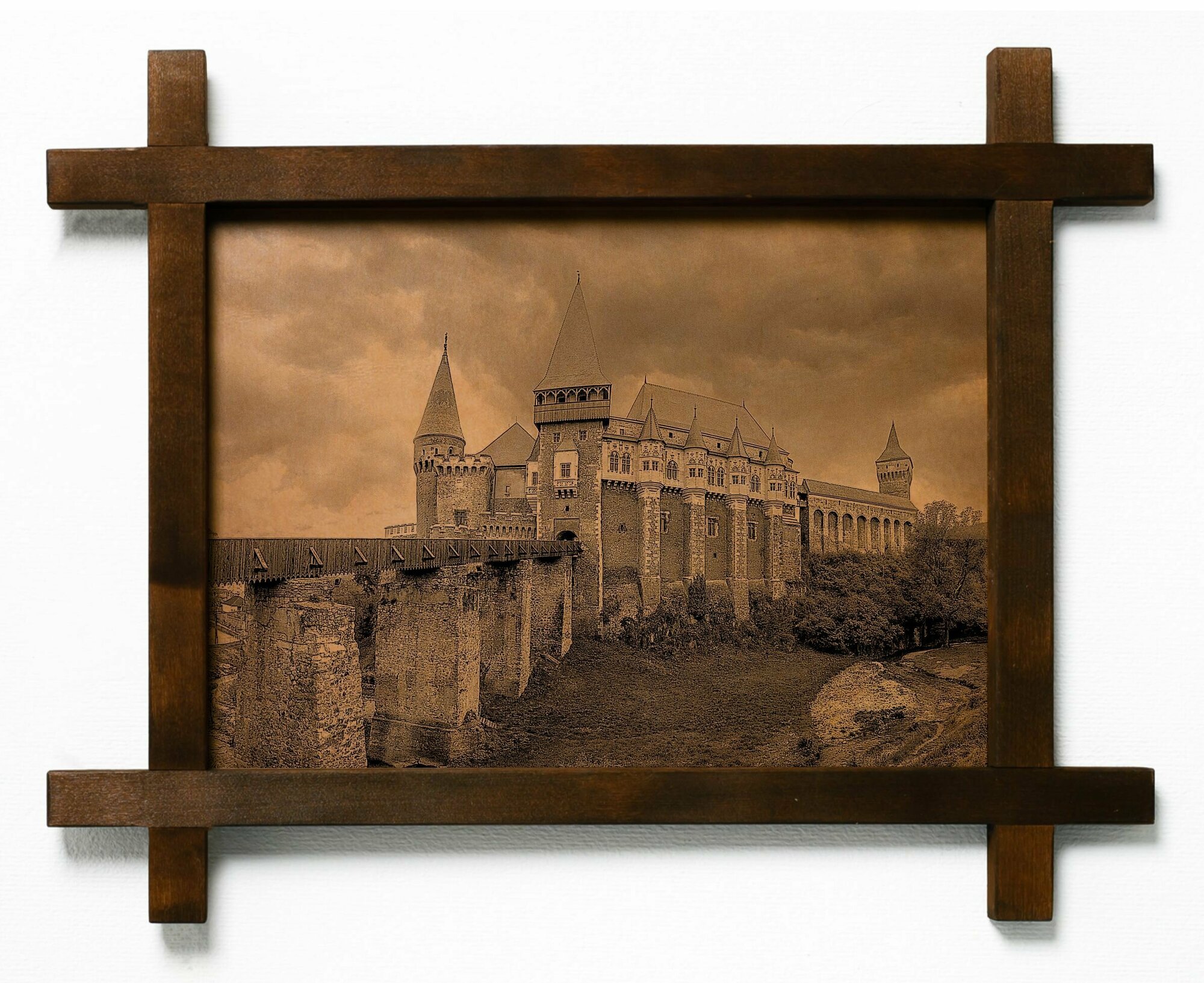 Картина Замок Корвинов, Румыния, гравировка на натуральной коже, в деревянной раме, подарок, BoomGift