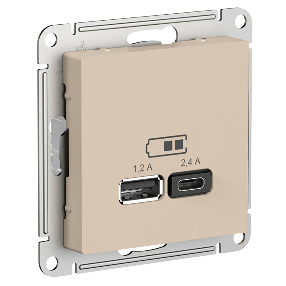 Розетка USB A+C 2-местная (2.4А и 1.2А) Systeme Electric (Schneider Electric) AtlasDesign, песочный - фото №1