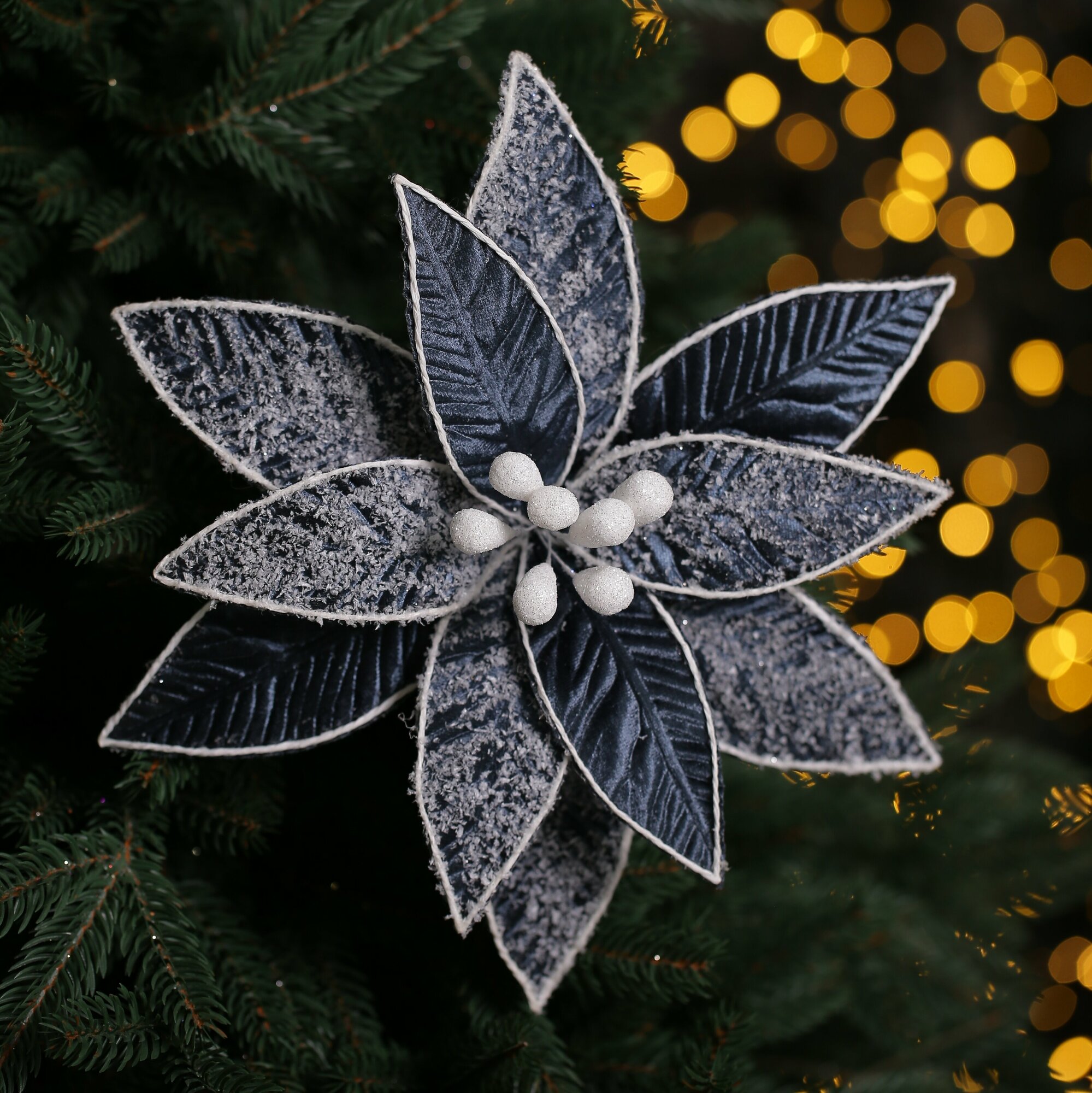 Цветок искусственный декоративный новогодний диаметр 30 см цвет синий