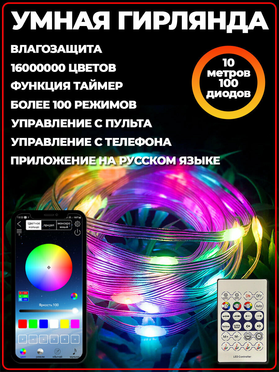 Умная гирлянда с Bluetooth и ПДУ RGB 10 метров