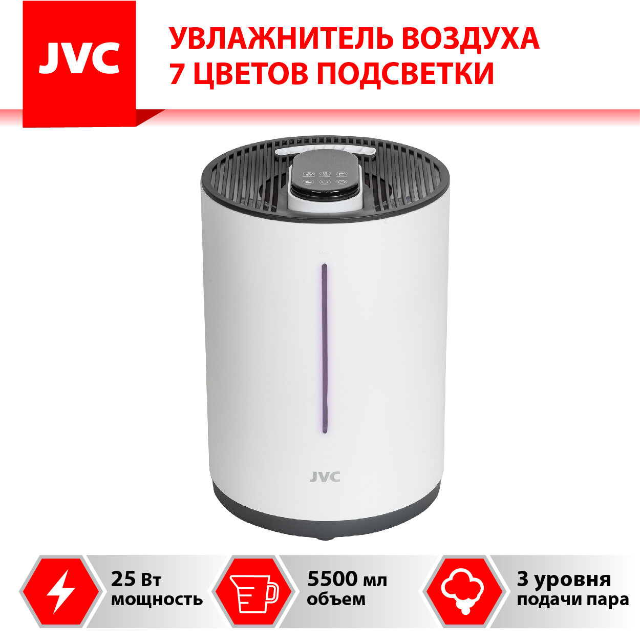 Увлажнитель воздуха ультразвуковой JVC JH-HDS50 white с сенсорным управлением, 3 уровня подачи пара, УФ-лампа, ночник 7 цветов, пульт ДУ, 25 Вт - фотография № 2