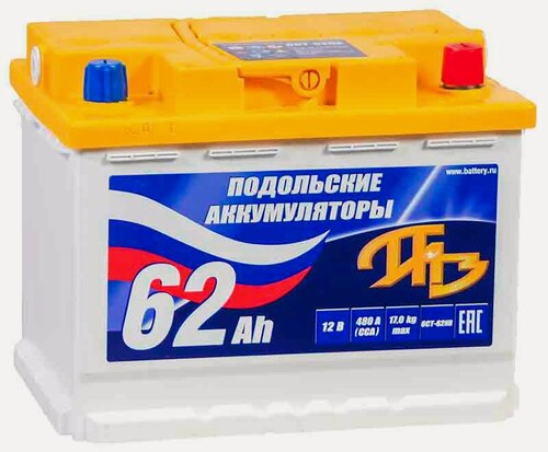 Изображение товара Аккумулятор автомобильный ПАЗ Подольские Аккумуляторы 62 А/ч 530 А обр. пол. Евро авто (242x175x190)
