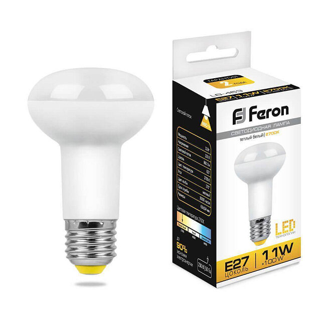 фото Лампа светодиодная LED зеркальная 11вт Е27 R63 теплый | код 25510 | FERON (1 шт.)