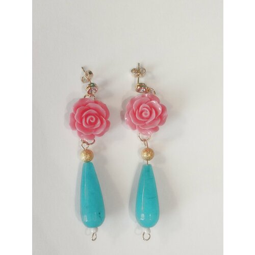 Серьги , халцедон, розовый, бирюзовый