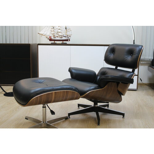 Черное кресло Lounge Eames Chair and Ottoman из натуральной кожи наппа