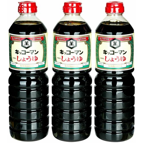Соевый соус Kikkoman натурального брожения 1 литр (3 штуки в наборе), Япония.