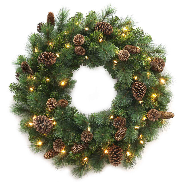 фото National Tree Company Венок с лампочками Пайнридж с шишками 61 см, 50 теплых белых LED ламп на батарейках, леска + ПВХ 31PRW24B