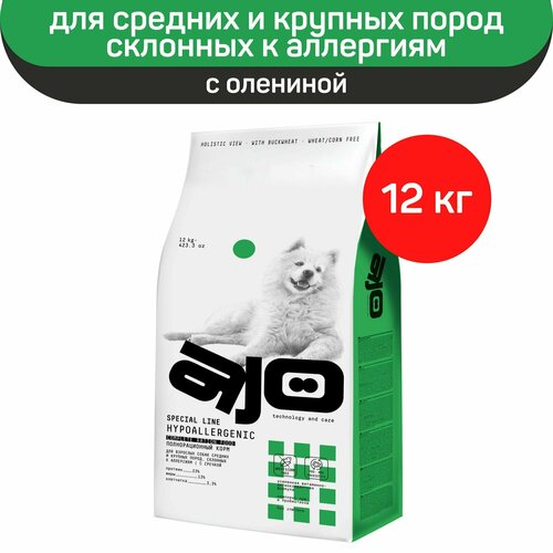 Сухой корм АЙО, AJO Dog Hypoallergenic с гречкой, для собак средних и крупных пород, склонных к аллергиям, оленина, 12 кг