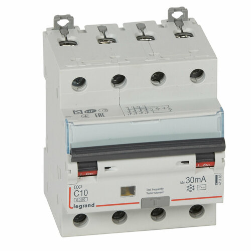 Автоматический выключатель дифференциального тока (АВДТ) Legrand DX3, 10A, 30mA, тип AC, кривая отключения C, 4 полюса, 6kA, электро-механического тип