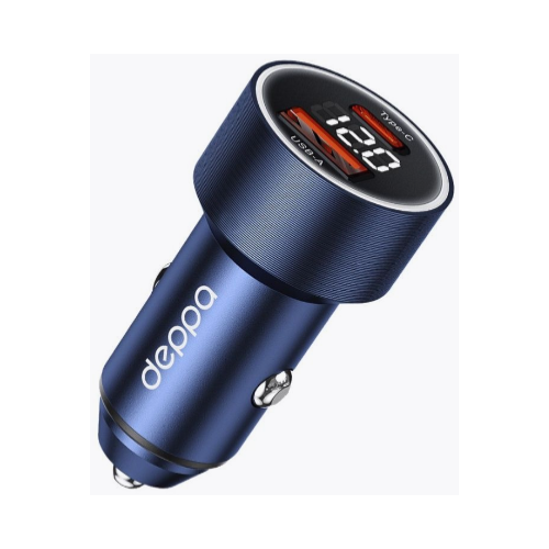 Зарядное устройство автомобильное Deppa 11216 USB-C+USB A, QC 3.0, дисплей 75Вт, металл, синий