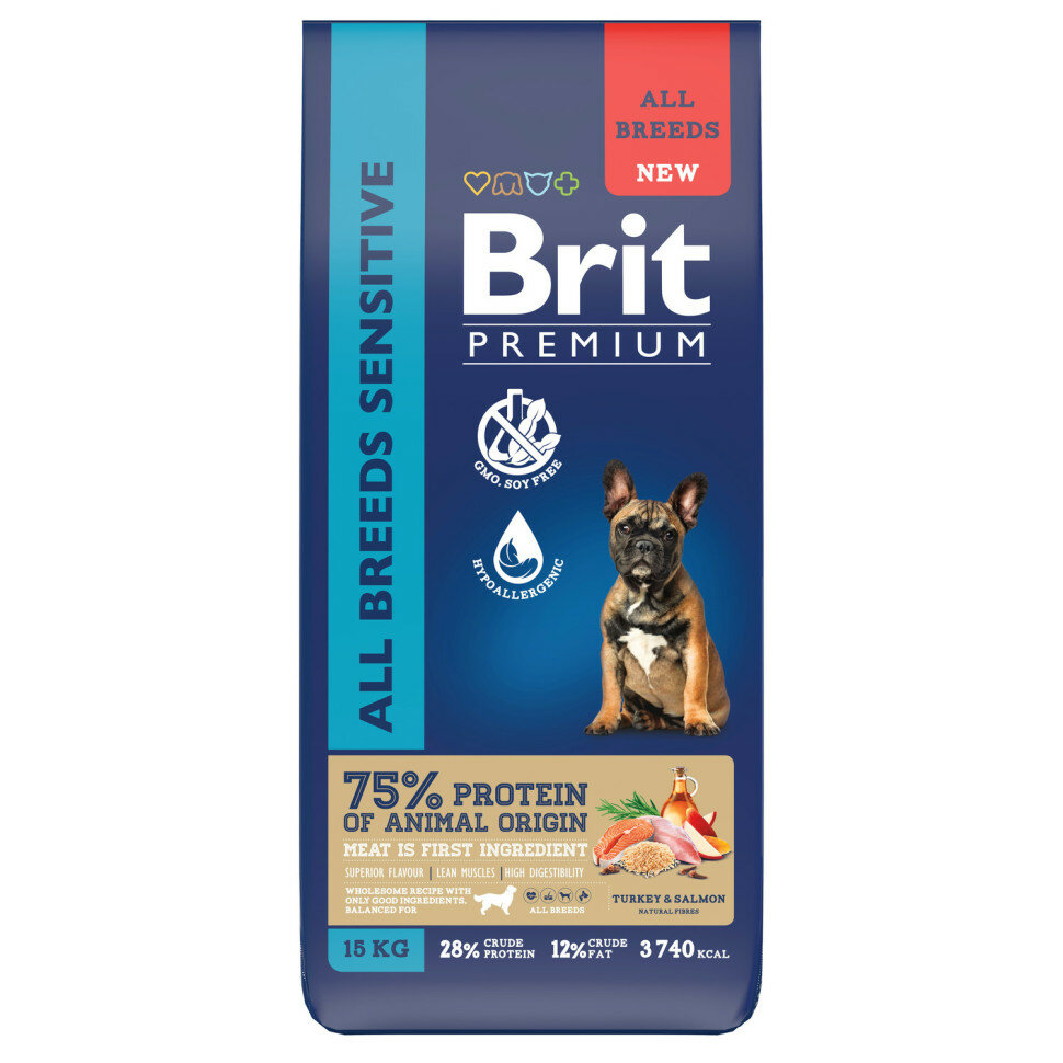Brit Premium Dog Adult Sensitive сухой корм для взрослых собак всех пород с чувствительным пищеварением с индейкой и лососем - 15 кг