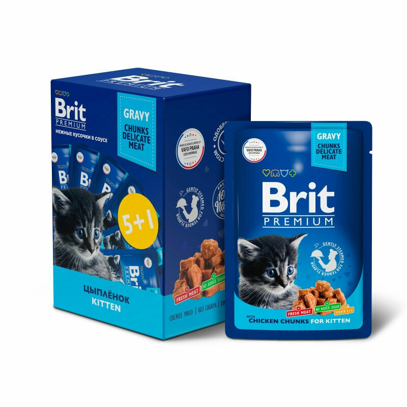 Brit Premium набор паучей для котят с цыпленком кусочки в соусе - 85 г х 5+1 шт