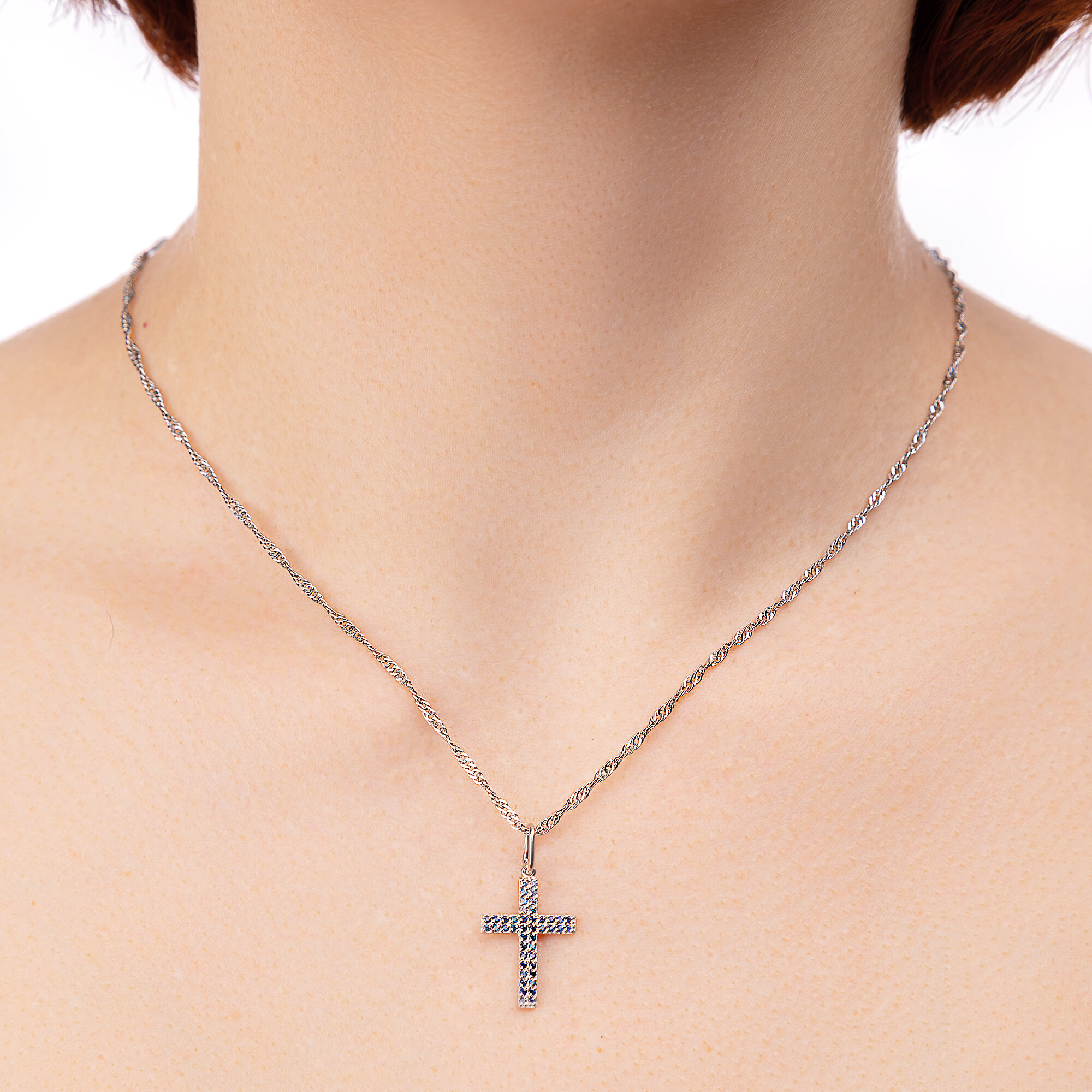 Крестик CORDE Серебряная подвеска - крест с натуральными камнями., серебро, 925 проба, родирование, сапфир