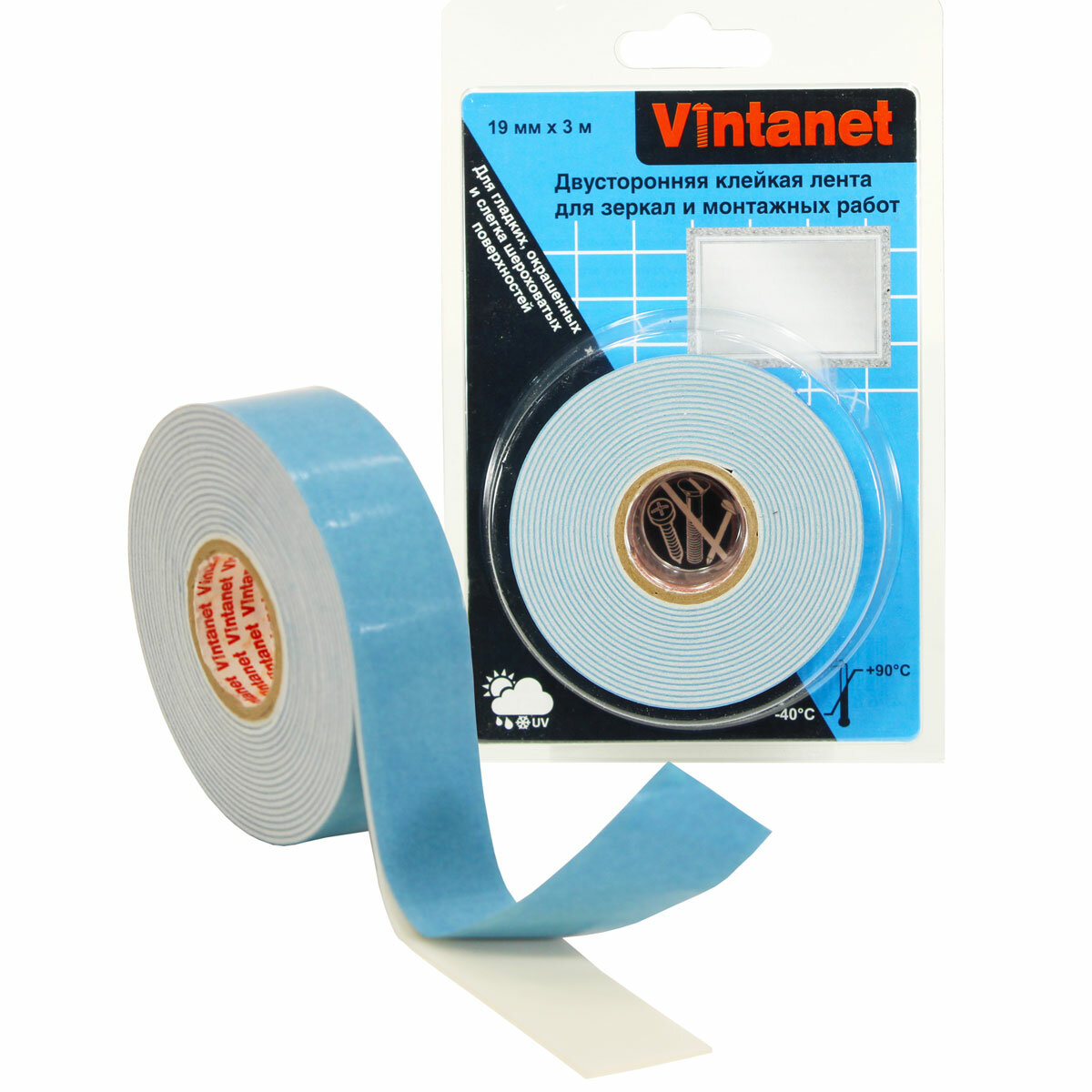 Двусторонняя клейкая лента VN819 Vintanet для зеркал и монтажных работ, 19 мм х 3 м - фотография № 1