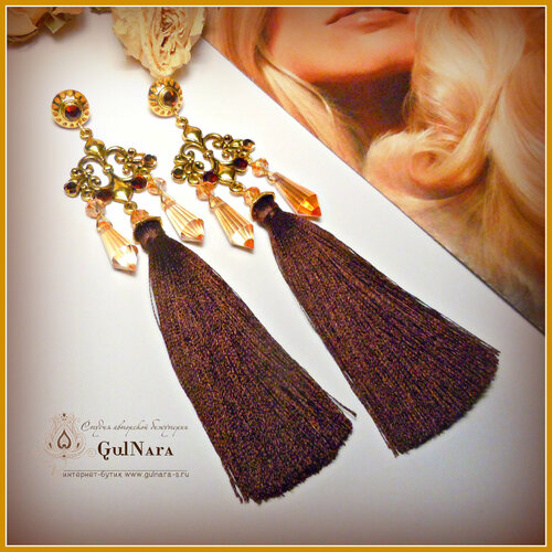 Серьги с подвесками GulNara Роскошное трио, кристаллы Preciosa, хрусталь, текстиль, размер 140 мм, золотой, коричневый