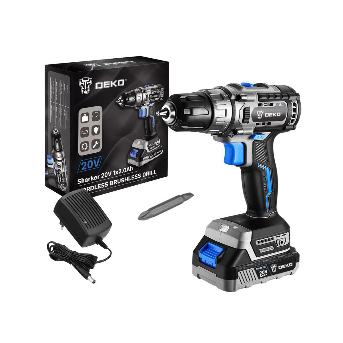 фото Дрель-шуруповерт аккумуляторная Deko Sharker 20V, 20 В, 1 x 3 Ач Li-ion, ЗУ