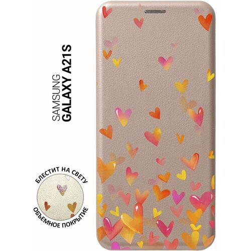 чехол книжка на samsung galaxy a40 самсунг а40 с 3d принтом flying hearts золотистый Чехол-книжка на Samsung Galaxy A21s, Самсунг А21с с 3D принтом Flying Hearts золотистый