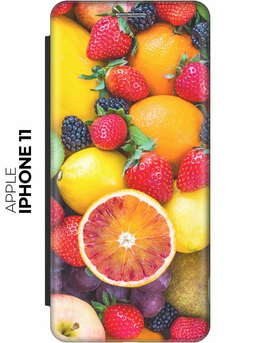 Чехол-книжка на Apple iPhone 11 / Эпл Айфон 11 с рисунком "Сочные фрукты" черный