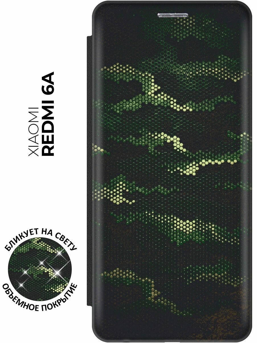 Чехол-книжка Темно-зеленый камуфляж на Xiaomi Redmi 6A / Сяоми Редми 6А с эффектом блика черный