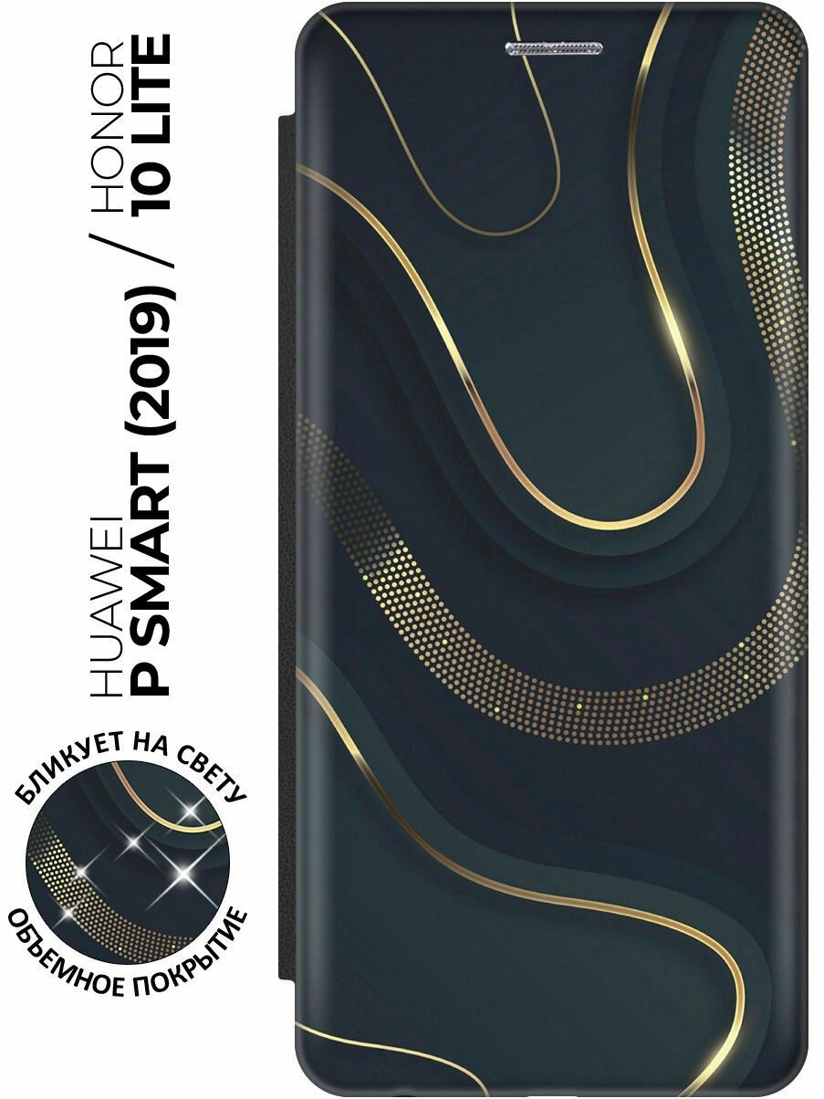 Чехол-книжка Золотистые акценты на Honor 10 Lite / Huawei P Smart (2019) / Хуавей П Смарт (2019) / Хонор 10 Лайт с эффектом блика черный