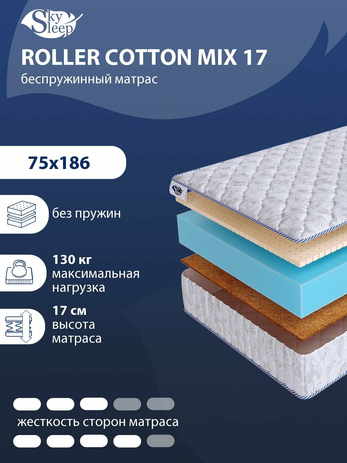 Беспружинный ортопедический матрас SkySleep FLEX Plus Mix 17 на диван кровать 75x186