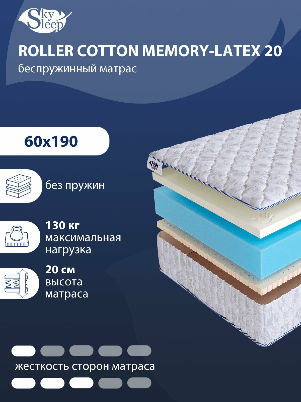 Беспружинный ортопедический матрас SkySleep FLEX Plus Memo Latex 20 на диван кровать 60x190