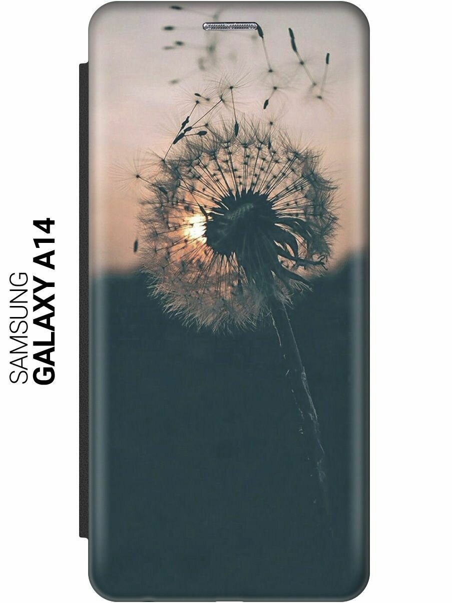 Чехол-книжка на Samsung Galaxy A14, Самсунг А14 c принтом "Одуванчик на закате" черный
