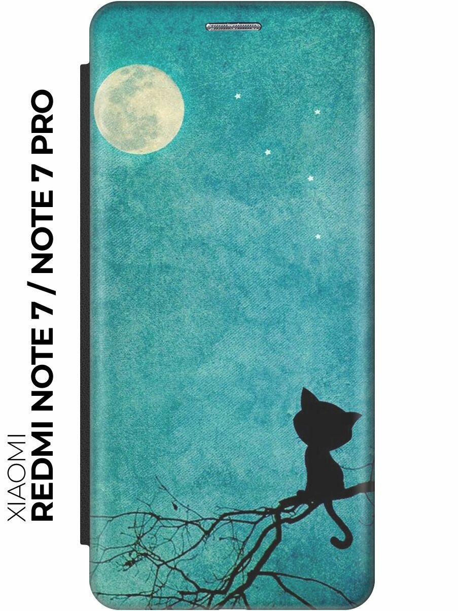 Чехол-книжка Котенок и луна на Xiaomi Redmi Note 7 / Note 7 Pro / Сяоми Редми Ноут 7 / Ноут 7 Про черный