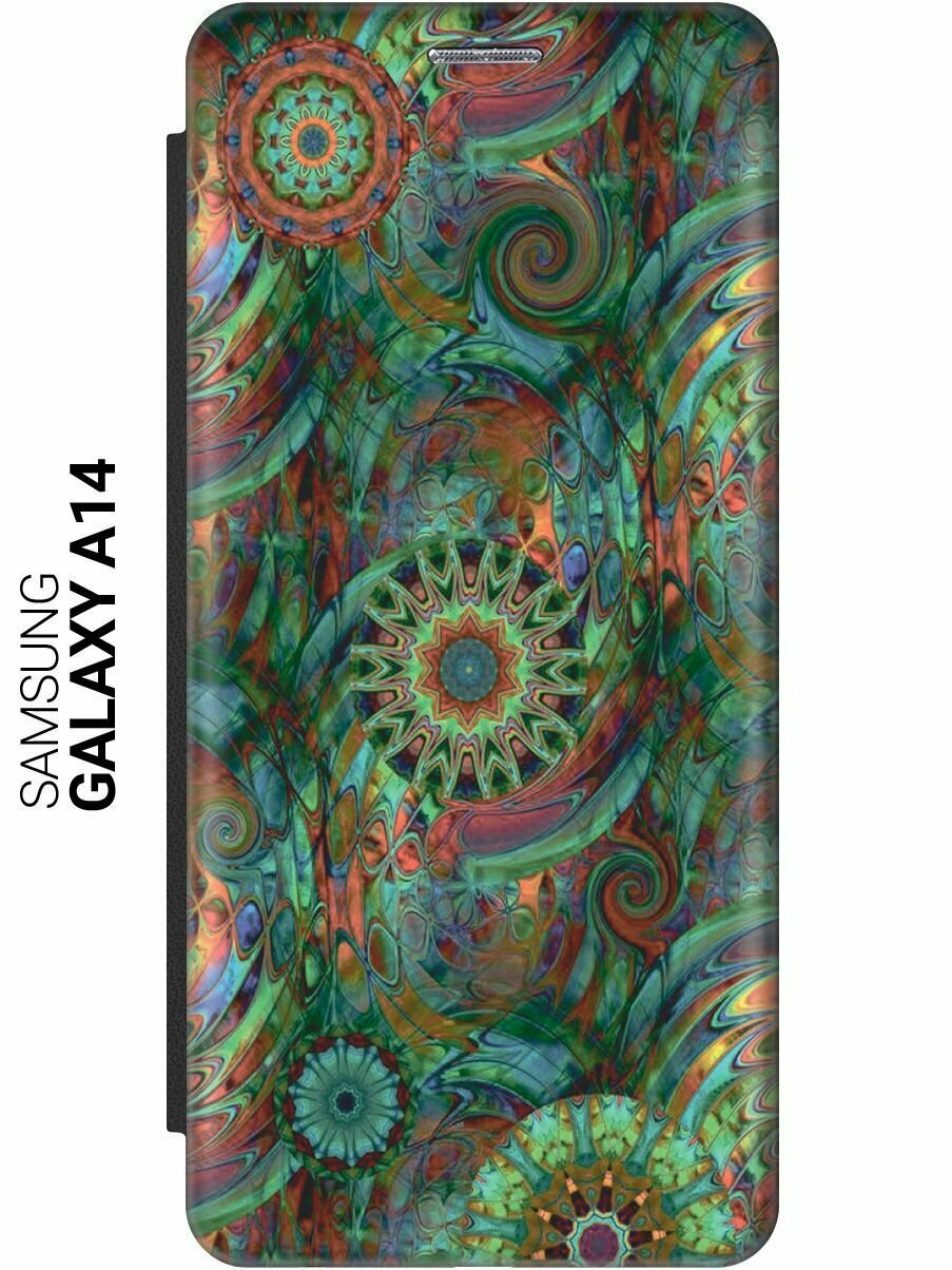Чехол-книжка на Samsung Galaxy A14, Самсунг А14 c принтом "Зеленый колейдоскоп" черный