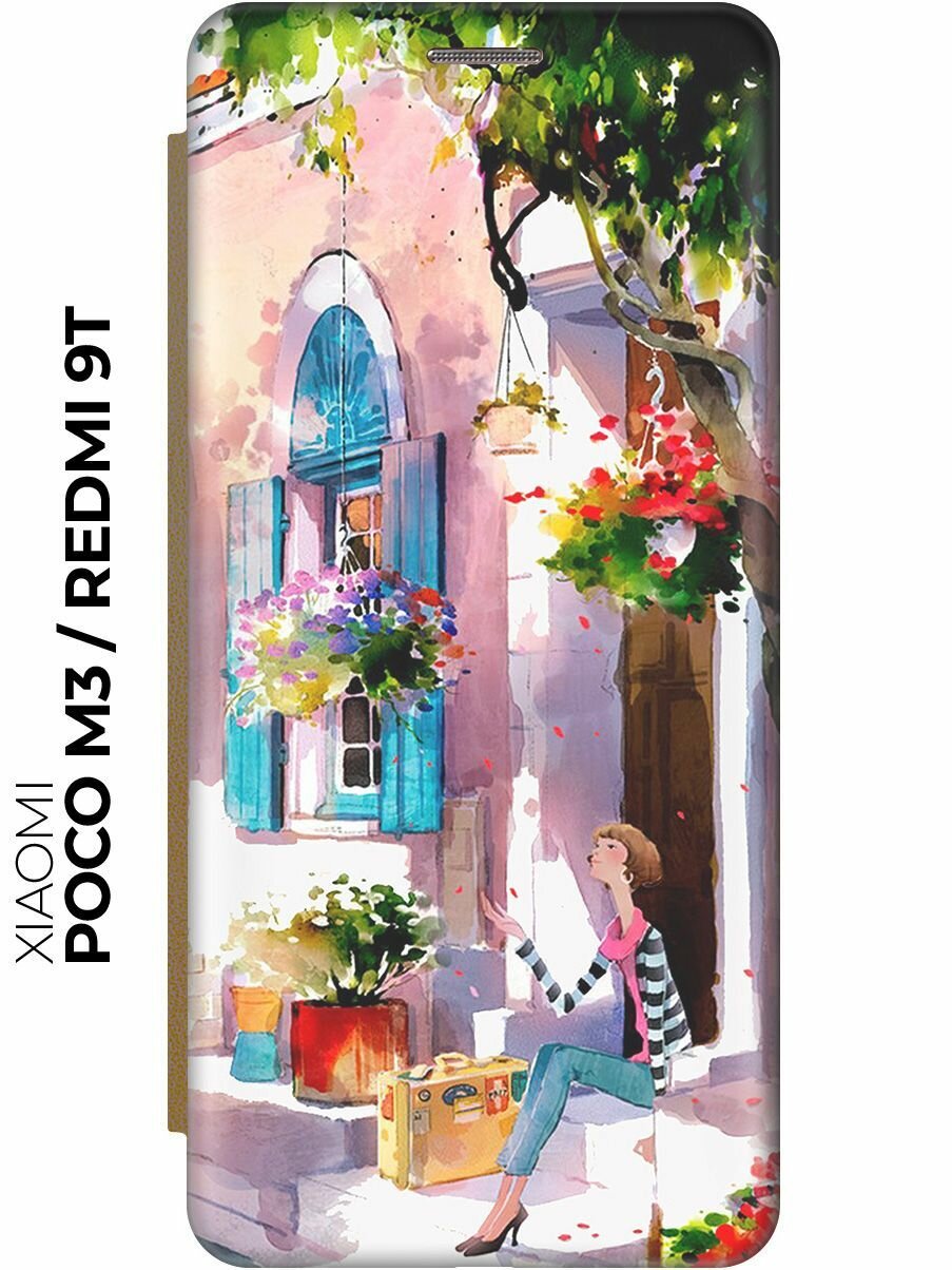 Чехол-книжка Девочка на цветущей улочке на Xiaomi Redmi 9T / Poco M3 / Сяоми Поко М3 / Сяоми Редми 9Т золотой