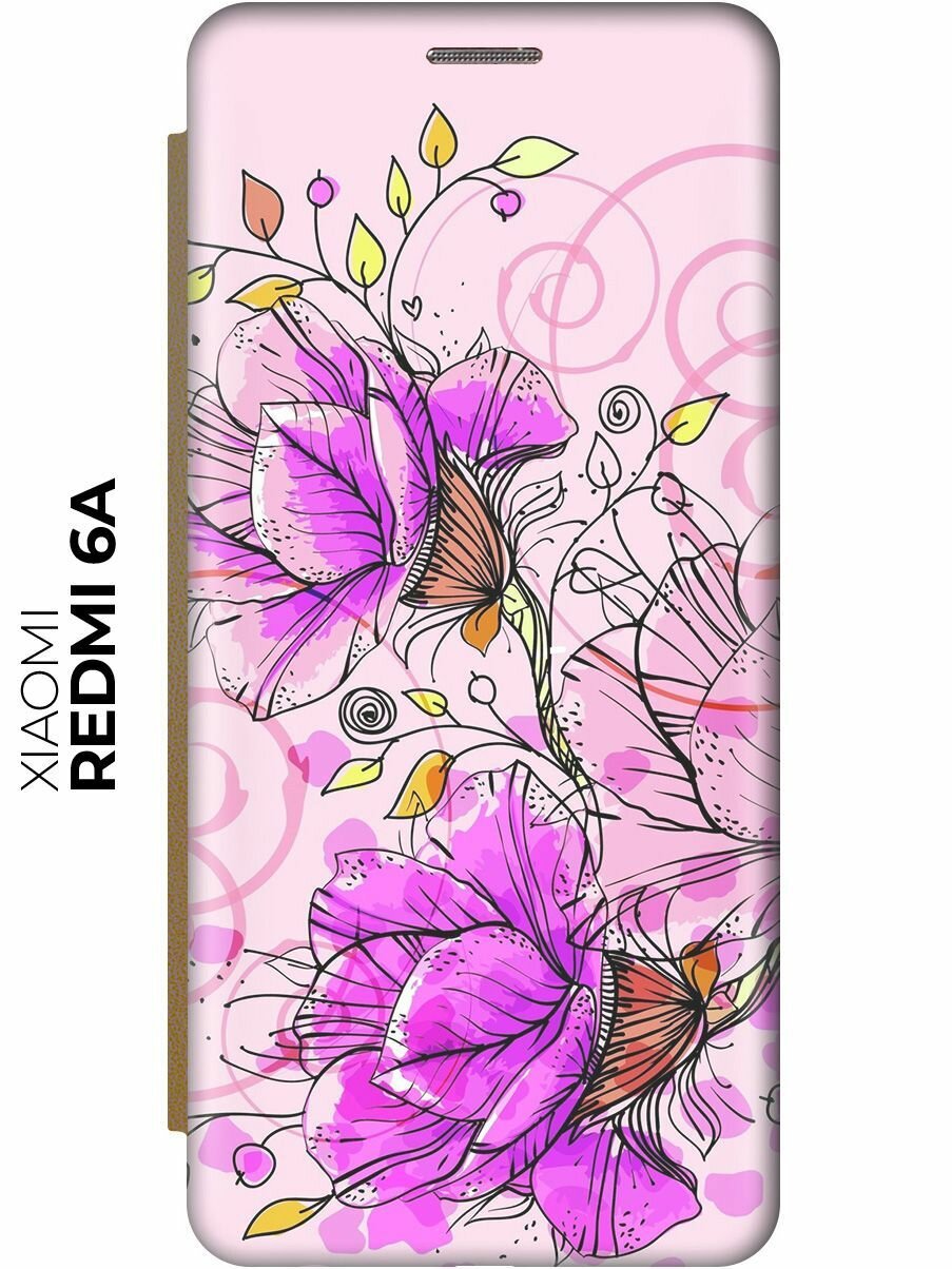 Чехол-книжка Розовые цвета на Xiaomi Redmi 6A / Сяоми Редми 6А золотой
