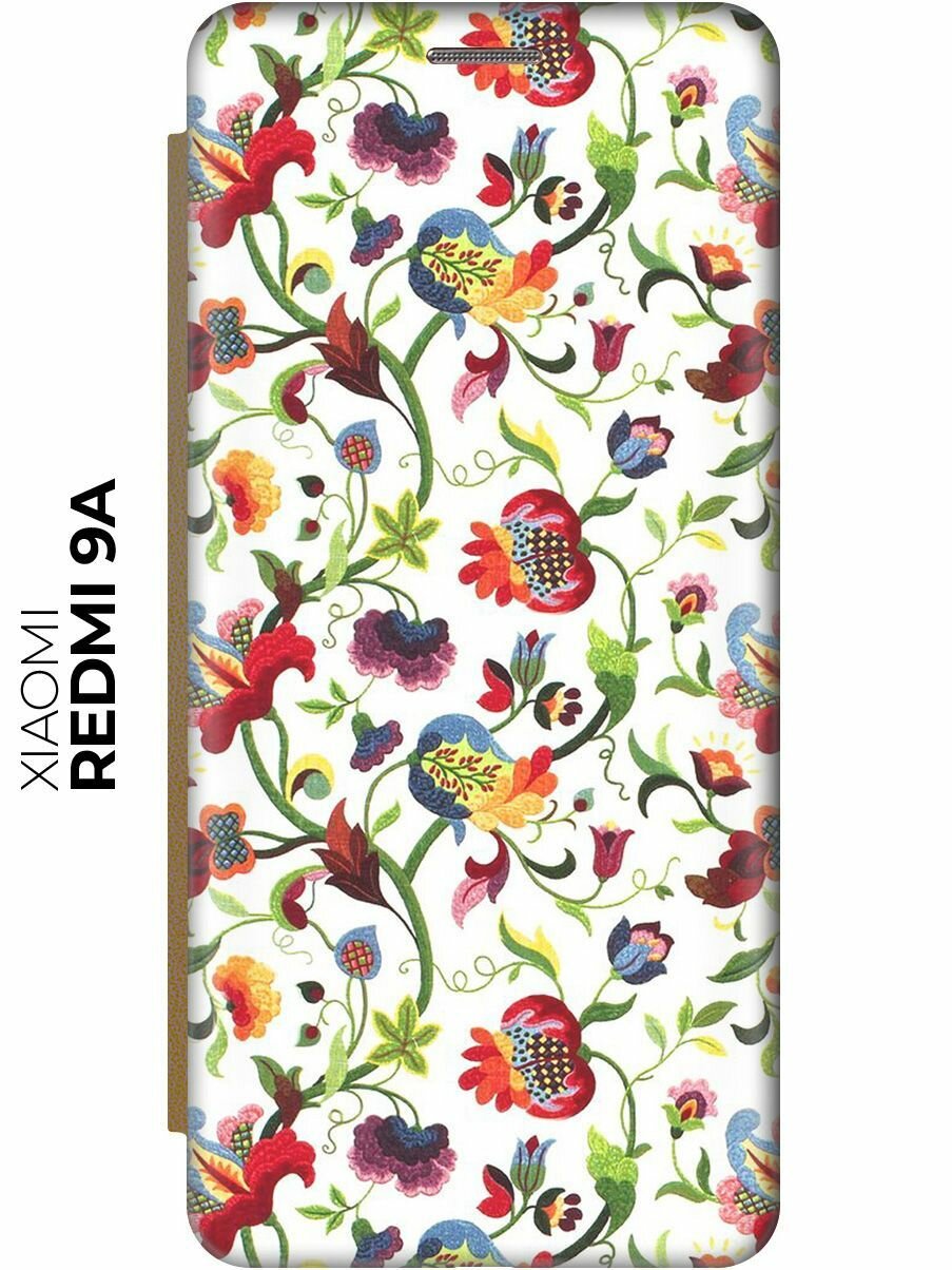 Чехол-книжка Цветочный узор на Xiaomi Redmi 9A / Сяоми Редми 9А золотой