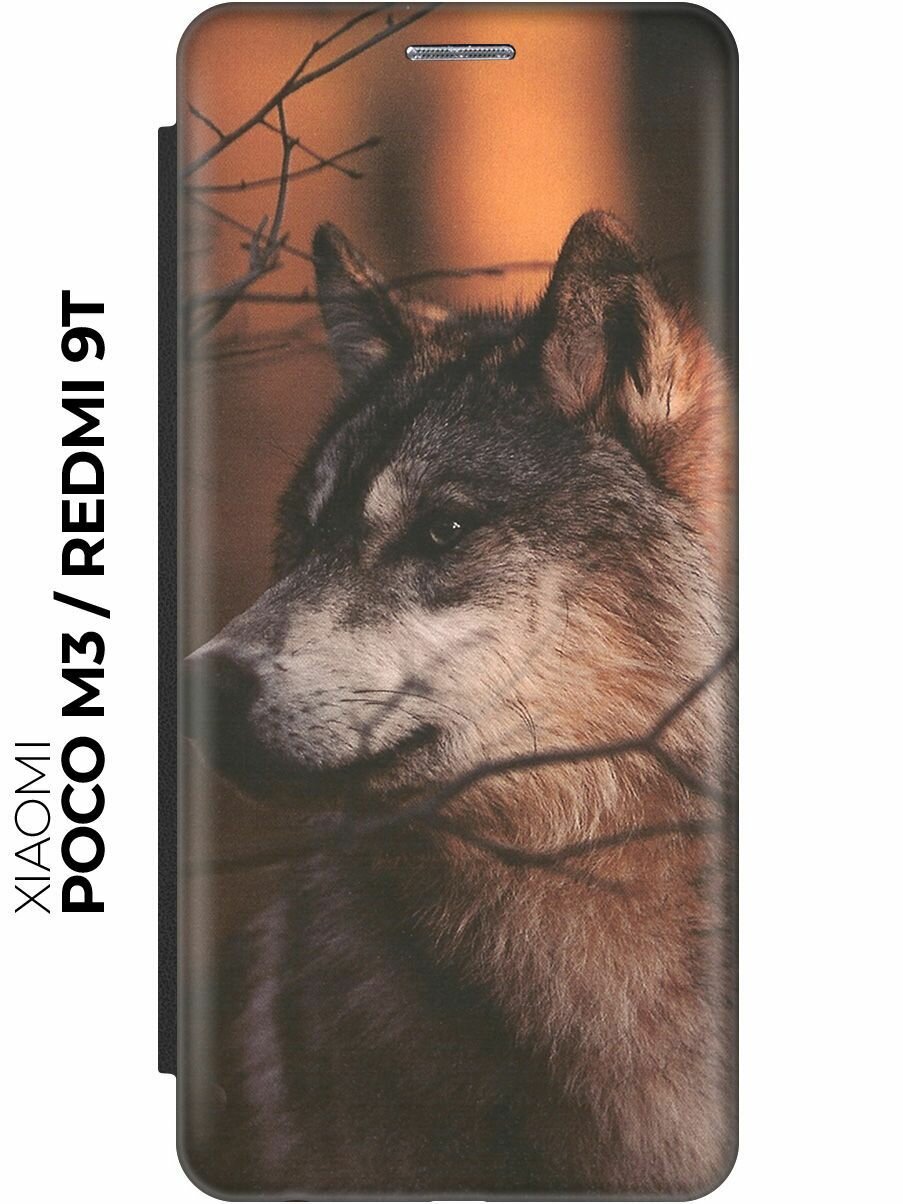 Чехол-книжка Красивый волк на Xiaomi Redmi 9T / Poco M3 / Сяоми Поко М3 / Сяоми Редми 9Т черный